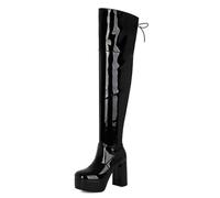 Scarpe da ballo da donna, alla moda, con punta quadrata, plateau, sopra il ginocchio, elasticizzate, tacco alto, tacco a blocco, passerella, Nero , 35 EU