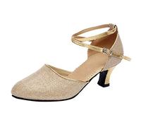Scarpe da ballo da donna chiuse - décolleté da donna con cinghia, con fibbia con tacchi alti in latino, con cinturino alla caviglia, eleganti scarpe da sera, perfette per matrimoni e feste, A02 oro