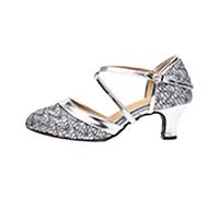 Scarpe da ballo da donna chiuse - décolleté da donna con cinghia, con fibbia con tacchi alti in latino, con cinturino alla caviglia, eleganti scarpe da sera, perfette per matrimoni e feste, Argento