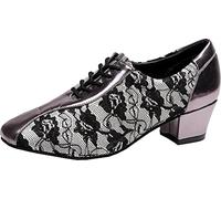 Scarpe da ballo da donna con tacco a blocco, stile latino, pratica sociale, salsa cha-cha, tacco personalizzato, suola morbida, tango leggero, punta a punta in pizzo, Grigio, 38 EU