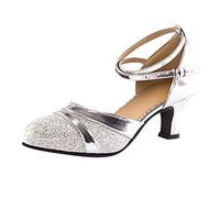 Scarpe da ballo da donna con tacco basso a punta e punta chiusa, scarpe da ballo da donna, tacco basso con cinturino, scarpe da ballo in pelle con paillettes, tacco a punta, per balli latini, Argento,