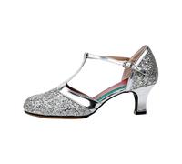 Scarpe da Ballo da Sala da Donna con Glitter, Eleganti décolleté Latino-Americane con Tacco Basso e Cinturino a T per esibizioni sul palco o per Allenamento.,Silver 5cm,41