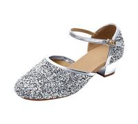 Scarpe da Ballo Latino Americano Ragazzine 24-35 EU in Pelle con Tacco Basso e Fibbia Caviglia Tacchi Bambina Suola Morbida Scarpe Principessa Classica Scarpette Danza Cenerentola Eleganti,Argento,27