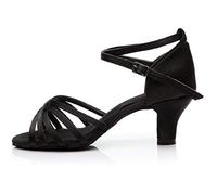 Scarpe da ballo latino da donna, con cinturino, punta aperta, salsa, tango, danza sociale, sandali professionali con tacco medio, Nero , 37.5 EU