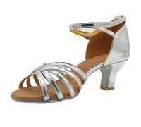 Scarpe da ballo latino da donna, con cinturino, punta aperta, salsa, tango, danza sociale, sandali professionali con tacco medio, Argento, 35.5 EU