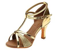 Scarpe da ballo latino da donna Salsa Tango T-Strap Peep Toe tacco medio svasato scarpe professionali da ballo sociale, ZZ11 Oro, 39.5 EU