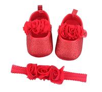 Scarpe da battesimo per bambina e bambine, 2 pezzi, con fascia per la testa, antiscivolo, morbide occasioni speciali, battesimi, matrimoni, feste, scarpe per gattonare, Colore: rosso, 12