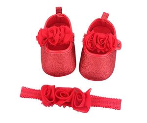Scarpe da battesimo per bambina e bambine, 2 pezzi, con fascia per la testa, antiscivolo, morbide occasioni speciali, battesimi, matrimoni, feste, scarpe per gattonare, Colore: rosso, 12