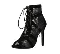 Scarpe da Danza Latina Donna Piedi Larghi Tacco 5 cm Heels Dance Class Nero Mesh Sandali con Tacchi Alti Stiletto Sexy Eleganti Tacchi Sandali con Lacci con Bocca di Pesce, Nero , 36 EU