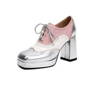 Scarpe da Donna a Blocco di Colore Piattaforma Oxford, Pompe Brogue a Punta Ala con Tacco Grosso da 9,5 cm e Piattaforma da 1,8 cm,Argento,35