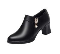 Scarpe da donna con cerniera in pelle morbida Tacco spesso Apertura profonda Semplice scarpe da donna Stile straniero Top a testa tonda Stivaletti in pelle Scarpe da donna Peu, Nero , 37 EU