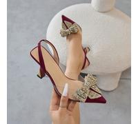 Scarpe da donna con decorazione a fiocco di strass, punta chiusa, tacco a spillo, adatte per occasioni formali come autunno/inverno, feste, matrimoni, appuntamenti. Colore rosso vino per San Valentino