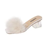 Scarpe da donna con plateau a punta quadrata e punta aperta, con tacco morbido, sandali con tacco trasparente, per matrimoni, feste nuziali, scarpe da sposa in pelliccia sintetica, pantofole da 5,1 cm