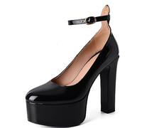 Scarpe da Donna con Plateau e Tacco Grosso in Vernice Punta Chiusa Punta Tonda Cinturino alla Caviglia Cinturino Abito Cerimonia Nuziale Sexy Discoteca Scarpe décolleté,Nero,43 EU