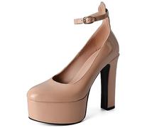 Scarpe da Donna con Plateau e Tacco Grosso in Vernice Punta Chiusa Punta Tonda Cinturino alla Caviglia Cinturino Abito Cerimonia Nuziale Sexy Discoteca Scarpe décolleté,Apricot,35 EU
