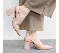 Scarpe da donna con tacco alto e grossolano, colore albicocca, con cinturino posteriore a specchio e spazio interno, scarpe eleganti e semplici per il pendolarismo, basic, adatte per l'esterno e festi