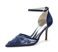 Scarpe da Donna con Tacco Alto Sottile e Ricami in Rete Modello a Punta con Cinturino alla Caviglia perfette per L'Estate Ideali per Matrimoni e Feste,Dark Blue,39 EU