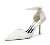 Scarpe da Donna con Tacco Alto Sottile e Ricami in Rete Modello a Punta con Cinturino alla Caviglia perfette per L'Estate Ideali per Matrimoni e Feste,Bianca,40 EU