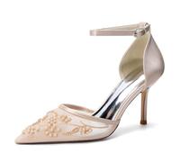 Scarpe da Donna con Tacco Alto Sottile e Ricami in Rete Modello a Punta con Cinturino alla Caviglia perfette per L'Estate Ideali per Matrimoni e Feste,Champagne,41 EU