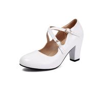 Scarpe da donna eleganti con tacco a blocco, rotonde, per matrimonio, carnevale, casual, da sposa, classiche, chiuse, scarpe da donna, bianco, 37 EU