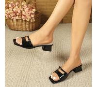 Scarpe da donna estive, eleganti sandali dal design quadrato e versatile con tacco largo, scarpe con tacco alto a punta aperta con una fibbia, in tinta unita nei colori nudo o nero CN35,CN36,CN37,CN38