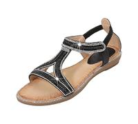 Scarpe da donna estive eleganti sandali romani da donna piatti da donna con strass, motivo a spina di pesce, sandali estivi bohémien, vintage, scarpe da spiaggia, lavabili, Nero , 36 EU