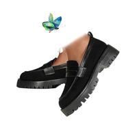 Scarpe da donna in pelle scamosciata slip-On Leopard Loafers Platform Chunky Heel Loafers Moccasins Orthopedic Platform Loafers for Work Office, Nero , 42 EU