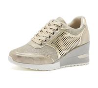 Scarpe da ginnastica alla moda da donna con lacci, antiscivolo, tacco nascosto, plateau, scarpe da passeggio da matrimonio, tacco 8 cm, oro, 39EU