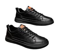 Scarpe da ginnastica basse da uomo in pelle casual con suola spessa, lacci Streetwear con tomaia in PU, dettagli cuciti a mano, soletta imbottita, punta rinforzata, suola in gomma testurizzata, Nero