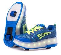 Scarpe da Ginnastica con Due Ruote e luci LED. Ricaricabile, 16 Effetti di Luce. Ruota Posteriore Automatica. Blu/Verde. Taglia 35