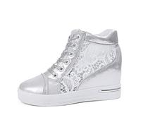 Scarpe da ginnastica con tacco alto, traspiranti, comode, casual, da trekking, con zeppa, da donna, in rete, 37-40, argento, 39 EU