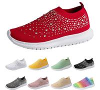 Scarpe da ginnastica da donna, con brillantini, slip on in rete, traspiranti, senza lacci, per il tempo libero, per l'allenamento, Colore: rosso, 36 EU