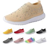 Scarpe da ginnastica da donna, con brillantini, slip on in rete, traspiranti, senza lacci, per il tempo libero, per l'allenamento, cachi, 43 EU
