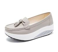 Scarpe da ginnastica da donna con zeppa e zeppa in pelle, ortopediche, suola morbida, antiscivolo, ampia larghezza, mocassini con zeppa, Grigio, 38 EU