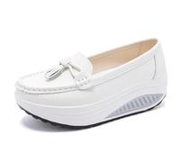 Scarpe da ginnastica da donna con zeppa e zeppa in pelle, ortopediche, suola morbida, antiscivolo, ampia larghezza, mocassini con zeppa, bianco, 38.5 EU