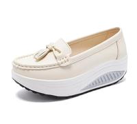 Scarpe da ginnastica da donna con zeppa e zeppa in pelle, ortopediche, suola morbida, antiscivolo, ampia larghezza, mocassini con zeppa, Beige, 37 EU