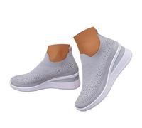 Scarpe da ginnastica da donna con zeppa nascosta, con strass, in maglia, senza lacci, per feste e passeggiate in città, Cenere Chiaro, 37.5 EU