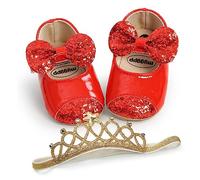 Scarpe da neonata con paillettes glitterate con suola morbida Prewalker Mary Jane Princess Party Dress scarpe da culla con fiocco fascia, H Lustrini Rosso, 0-6 mesi