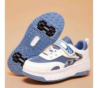 Scarpe da pattinaggio unisex per bambini con doppia di 4 ruote rimovibili, tessuto multicolore a contrasto, traspiranti, chiusura a strappo, design con lettere, suola spessa in TPR, ruote occultabili,