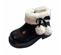 Scarpe da ragazza con tomaia in pelle, con fiocco, pompon decorativi, comode per feste, occasioni alla moda, foderate in pile, interno caldo, tema principessa, età 4-13 anni, 01 Nero, 30 EU