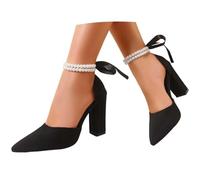 Scarpe da sera da donna in raso, con punta a punta, tacco medio, da sera, sandali con tacco a blocco, scarpe da sposa, scarpe da sposa con doppia perla, Nero , 39 EU