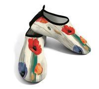 Scarpe da spiaggia per donne e uomini, ad asciugatura rapida, traspiranti, per nuotare, antiscivolo, a piedi nudi, per surf in piscina, acquerelli, colorati, papaveri floreali, Rosso Viola Beige, 41