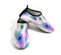 Scarpe da spiaggia per donne e uomini, ad asciugatura rapida, traspiranti, per nuotare, antiscivolo, a piedi nudi, per surf in piscina, belle piume di pavone colorate, Colore: viola e verde., 38.5