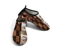 Scarpe da spiaggia per donne e uomini, ad asciugatura rapida, traspiranti, per nuoto, antiscivolo, a piedi nudi, per surf in piscina, pane con chicchi di caffè su marrone vintage a scacchi, Marrone