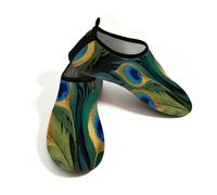 Scarpe da spiaggia per donne e uomini, ad asciugatura rapida, traspiranti, per nuoto, antiscivolo, a piedi nudi, per surf in piscina, belle piume di pavone su nero, Nero Verde Blu, 38.5/39.5 EU