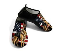 Scarpe da spiaggia per donne e uomini, ad asciugatura rapida, traspiranti, per nuoto, antiscivolo, a piedi nudi, per surf in piscina, con bandiera americana, pastore su sfondo nero, nero, rosso