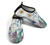 Scarpe da spiaggia per donne e uomini, ad asciugatura rapida, traspiranti, per nuoto, antiscivolo, a piedi nudi, per surf in piscina, fiori selvatici, margherite, iris, arte floreale, Blu Bianco Viola