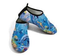 Scarpe da spiaggia per donne e uomini, ad asciugatura rapida, traspiranti, per nuoto, antiscivolo, a piedi nudi, per surf in piscina, scena subacquea del mondo, delfini, cavalluccio marino, Blu, 38.5