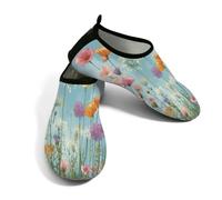 Scarpe da spiaggia per donne e uomini, ad asciugatura rapida, traspiranti, per nuoto, antiscivolo, a piedi nudi, per surf in piscina, campo floreale con papaveri e fiori di campo, Blu Arancione Viola