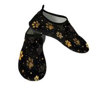 Scarpe da spiaggia per donne e uomini, ad asciugatura rapida, traspiranti, per nuoto, antiscivolo, a piedi nudi, per surf in piscina, impronte di zampe di cane con stelle stellate, Nero oro, 40/40.5